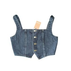 Yesfashion Denim Crop Top Dark Wash Button Front Smocked Back Blue Tank Top NEW